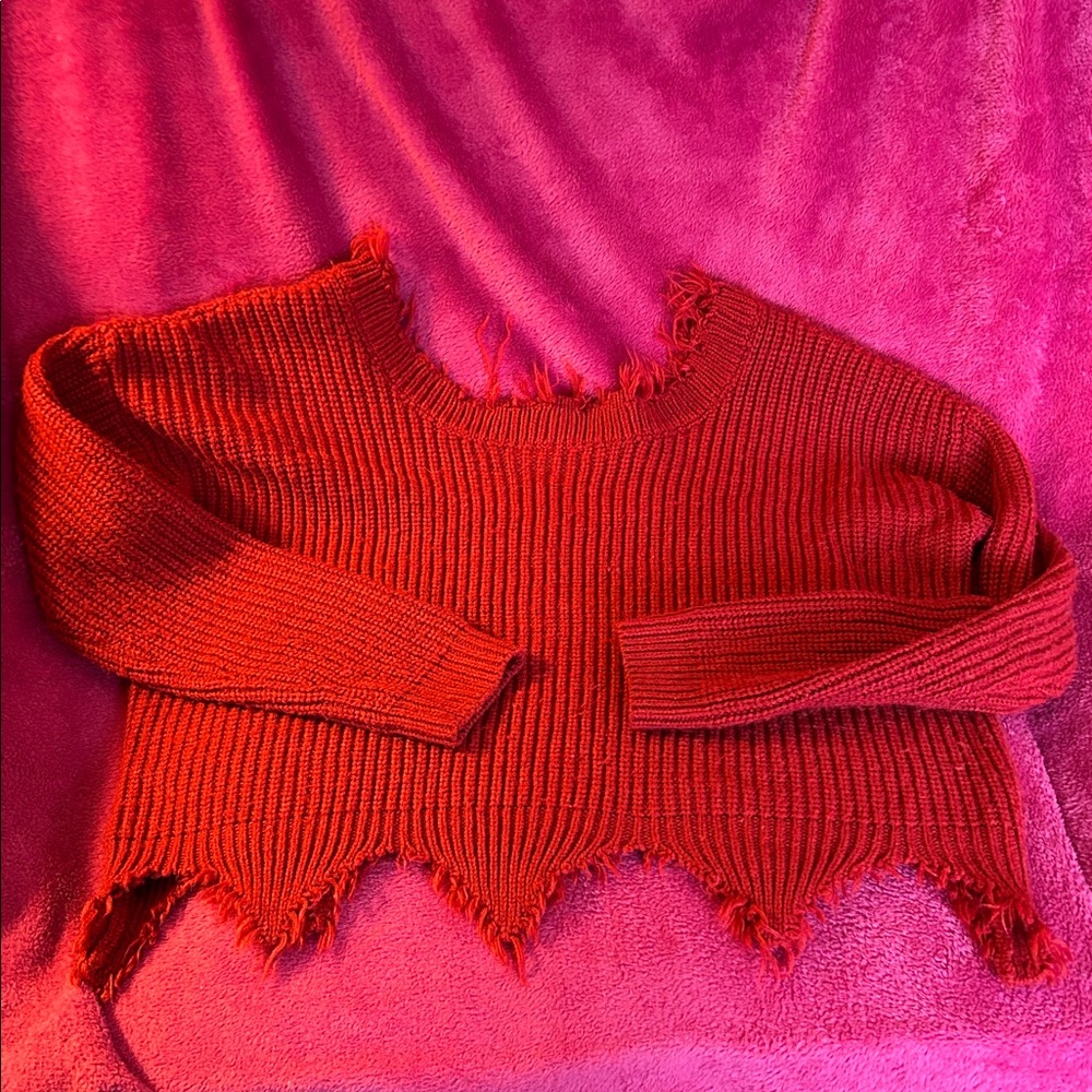 SHEIN Red Fringed Crew Neck Sweater